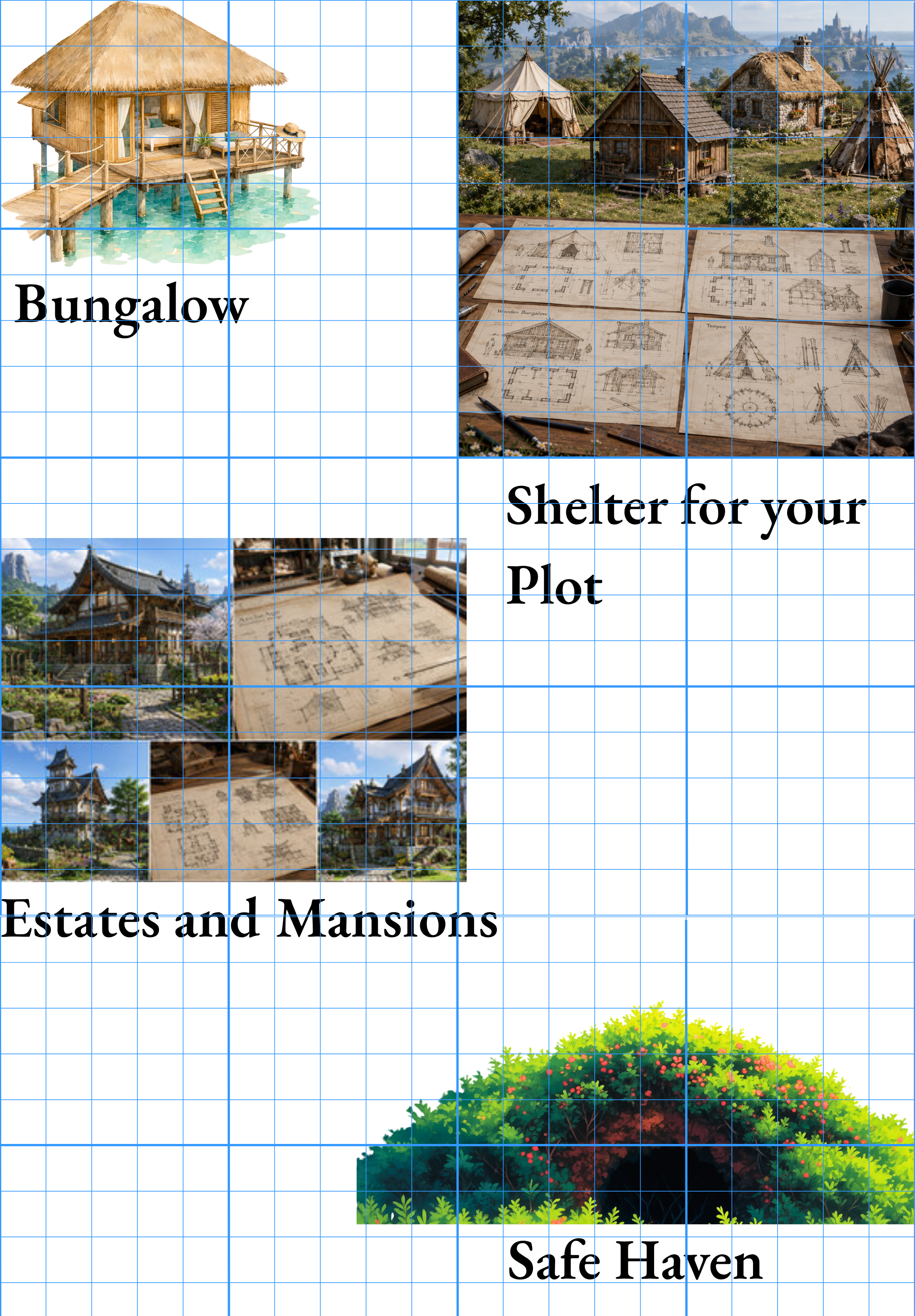 Blueprint reference showing bungalow, shelter varieties, estates and mansions, and a safe haven