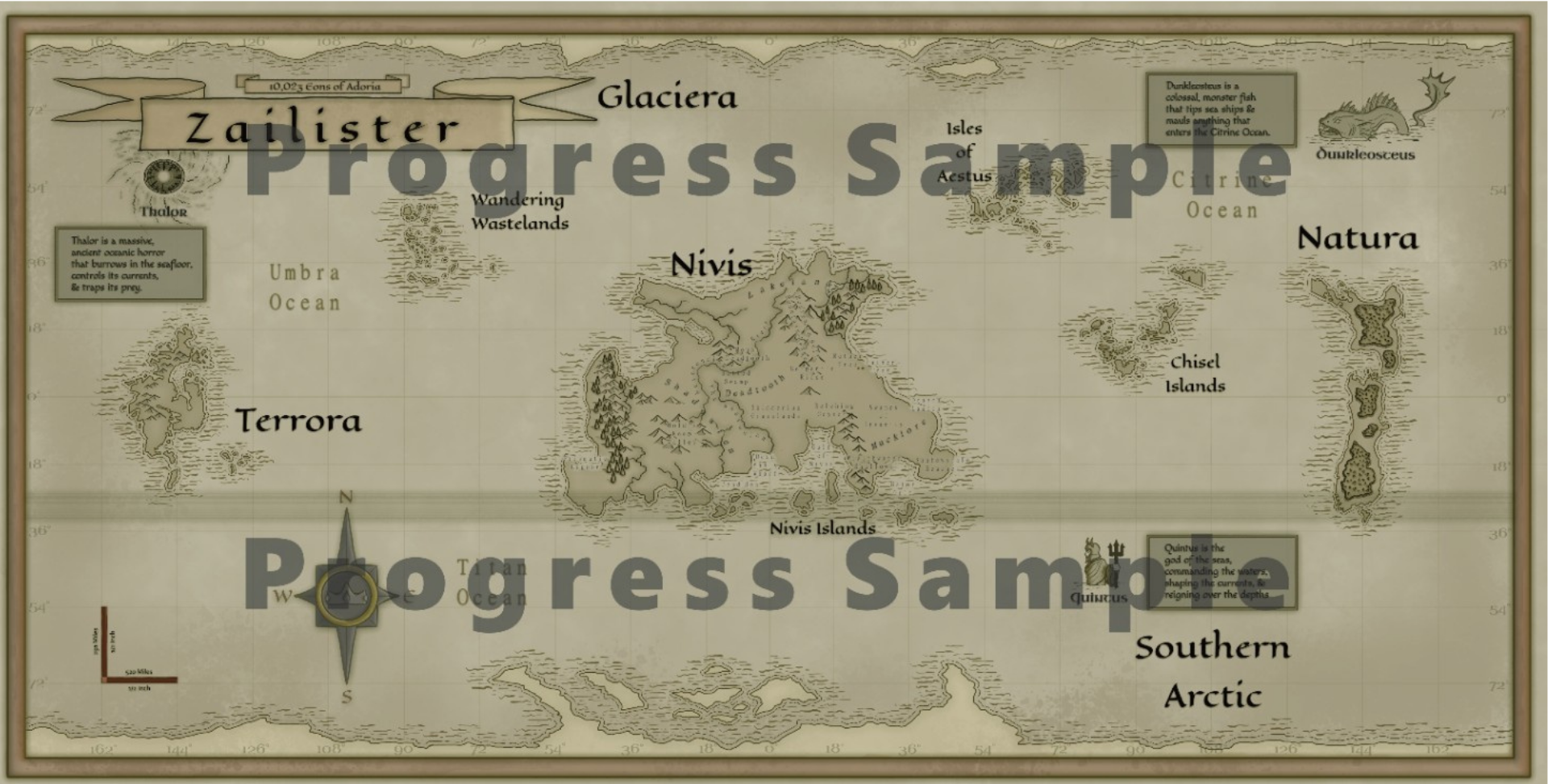 Map of Zailister showing Nivis and the surrounding continents, islands, and oceans.